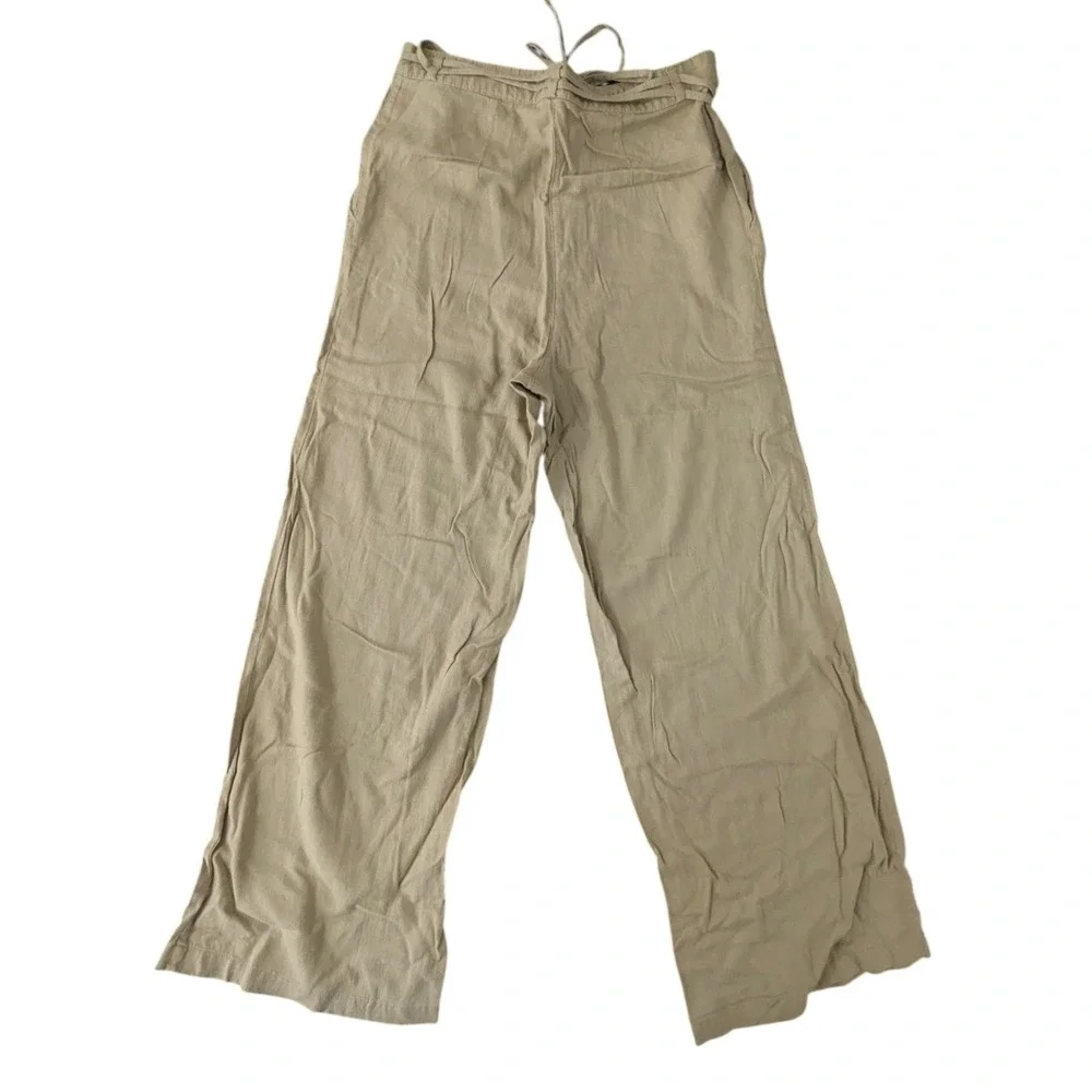 H&M Linen Blend Wide Leg Pants Tan Beige‎ Drawstring Trousers US 10 Coastal Boho